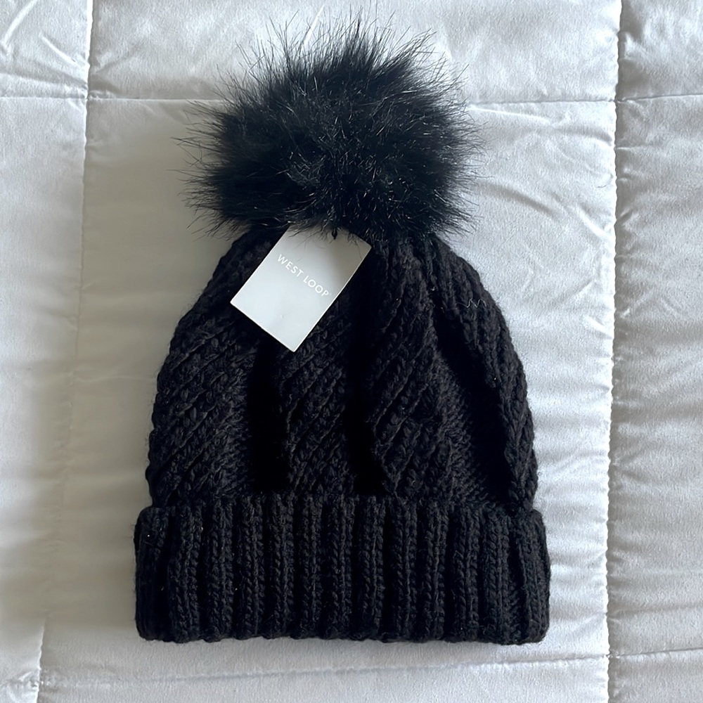Black Knitted Beanie + Puff from West Loop